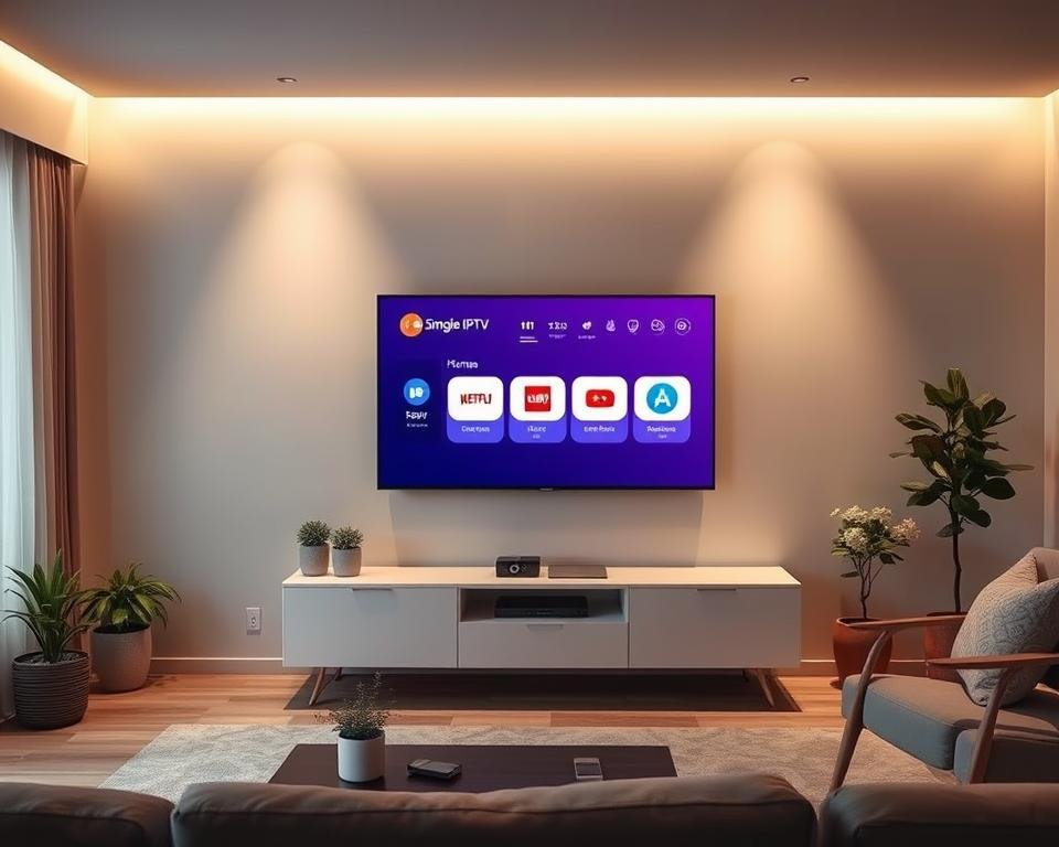 A living room with a modern, minimalist TV stand. On the stand, a sleek smart TV displays the home screen of a simple, user-friendly IPTV app. The room is bathed in soft, indirect lighting, creating a warm and inviting atmosphere. The TV stand is surrounded by a few potted plants and a cozy armchair, suggesting a comfortable and relaxed setting for enjoying the IPTV experience. The overall scene conveys a sense of effortless installation and intuitive interaction with the IPTV technology.