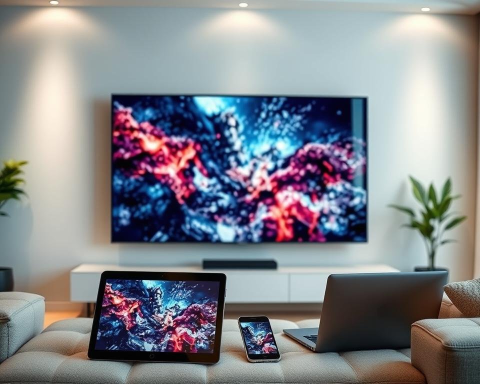 A living room with multiple television screens and digital devices, showcasing the multi-screen possibilities for IPTV. In the foreground, a large 4K OLED TV is mounted on the wall, displaying vivid and detailed imagery. Beside it, a sleek tablet is propped up, mirroring the main screen. In the middle ground, a laptop and smartphone are arranged, allowing for seamless content sharing and viewing across devices. The background features a minimalist, modern decor with subtle lighting, emphasizing the tech-savvy and immersive experience. A sense of harmony and connectivity permeates the scene, highlighting the versatility and quality of the IPTV system.