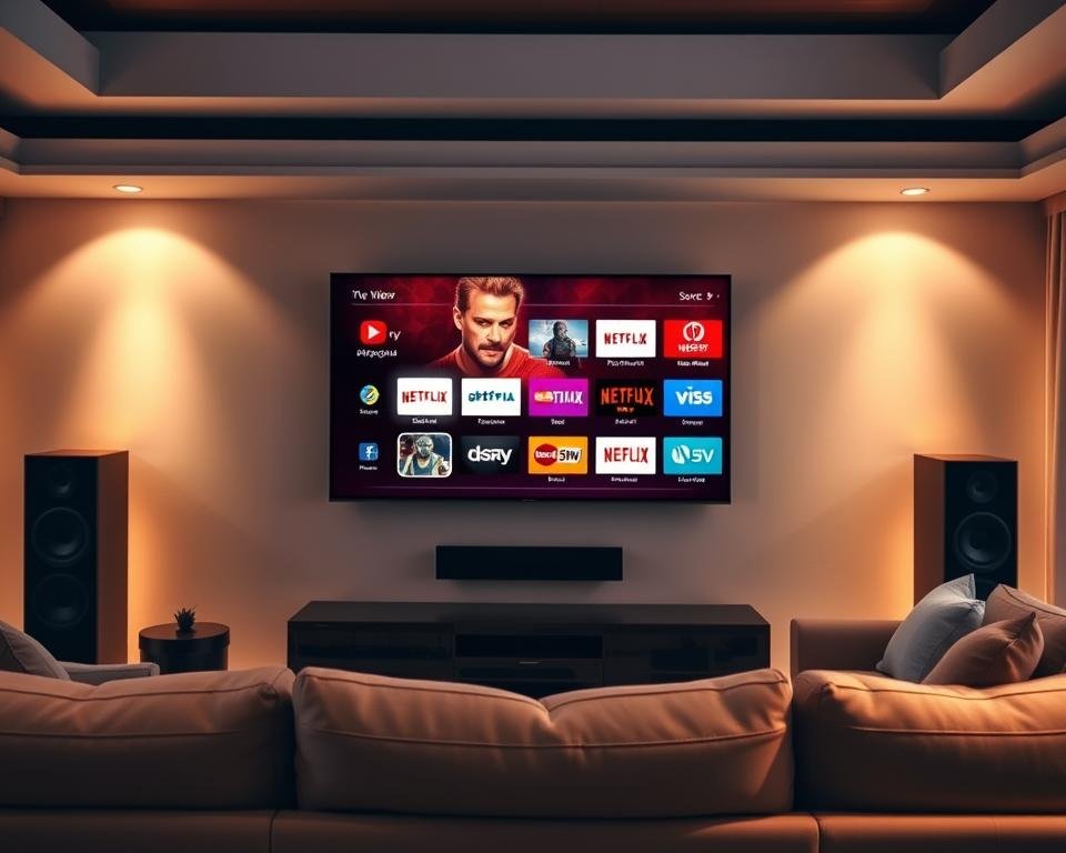 A luxurious living room with a large flatscreen TV mounted on the wall, showcasing a vibrant and visually appealing IPTV interface. The room is illuminated by soft, warm lighting that creates a cozy and inviting atmosphere. The TV is surrounded by high-end entertainment components, such as a sleek sound system and modern media console. In the foreground, a comfortable sofa and armchair invite viewers to relax and enjoy the premium television experience. The overall scene conveys a sense of quality, convenience, and the benefits of an IPTV subscription with premium channels.
