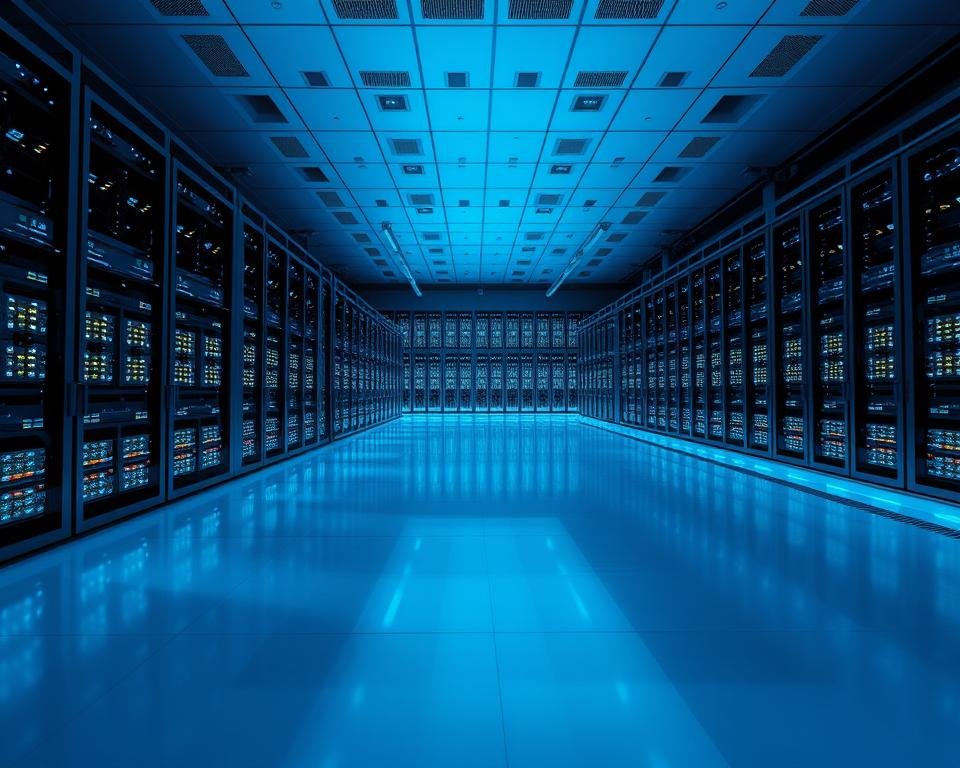 A massive, futuristic server room bathed in a cool, bluish-white glow. Rows of sleek, black rack-mounted servers hum with power, their LED indicator lights flickering in a mesmerizing rhythm. The room is vast, with a high ceiling and a clean, minimalist aesthetic. The floor is made of a reflective, polished material that mirrors the servers above. Discreet cooling vents line the walls, maintaining a constant temperature. The lighting is precisely calibrated, casting dramatic shadows that accentuate the angular, geometric design of the infrastructure. A sense of technological sophistication and unwavering reliability permeates the scene, perfectly capturing the essence of "Onze Geavanceerde Technologie".