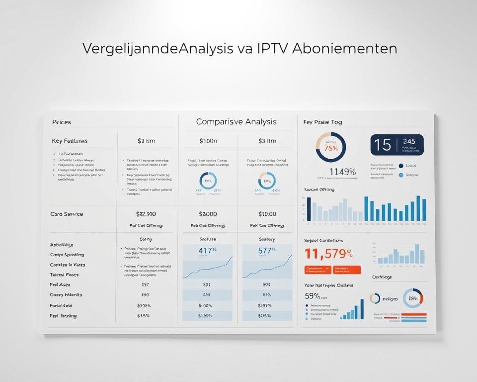 A meticulously designed infographic showcasing a comparative analysis of various IPTV subscription services. In the foreground, a clean and minimalist layout presents side-by-side comparisons of key features, pricing, and service offerings. The middle ground features elegant data visualizations and charts, conveying the information in a visually appealing manner. The background is a soft, neutral tone, allowing the infographic elements to take center stage. The lighting is soft and diffused, creating a professional, informative atmosphere. The overall composition strikes a balance between functionality and aesthetic appeal, making it an effective visual aid for the "Vergelijkende Analyse van IPTV Abonnementen" section of the article.