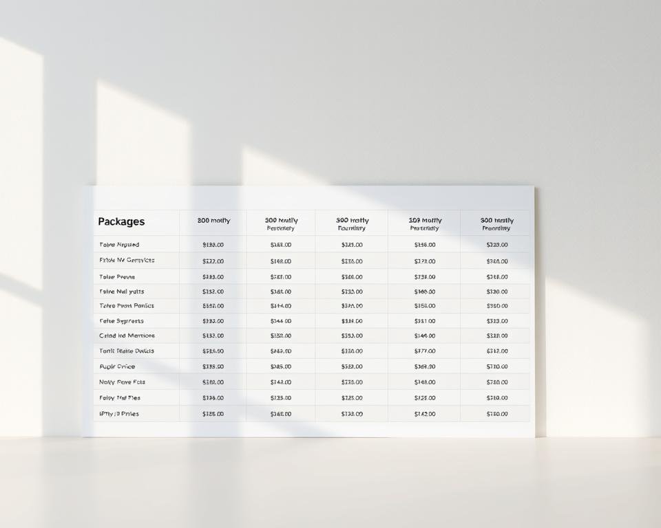 A meticulously detailed overview of IPTV subscription prices, showcasing a clean and organized table against a minimalist, light-filled background. The table displays a range of IPTV package options, their respective monthly costs, and any additional features or details, presented in a visually appealing and informative manner. The lighting is soft and natural, creating a sense of clarity and professionalism, while the angle captures the table in an optimal, easy-to-read layout. The overall mood is one of informative authority, guiding the viewer through the pricing options available for reliable IPTV services in the Netherlands.