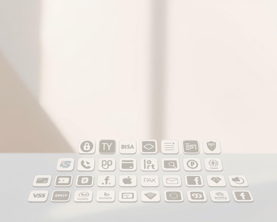 A minimalist digital payment interface featuring various secure payment method icons against a clean, modern backdrop. The foreground showcases a grid of familiar payment app logos and symbols, such as credit cards, mobile wallets, and bank transfer options, conveying the diverse and trustworthy payment choices available. The middle ground presents a simple, elegant layout with muted colors and subtle gradients, creating a sense of reliability and security. The background is a softly blurred, neutral-toned surface, allowing the payment methods to take center stage. Bright, natural lighting from the side gently illuminates the scene, highlighting the clarity and professionalism of the digital payment experience.