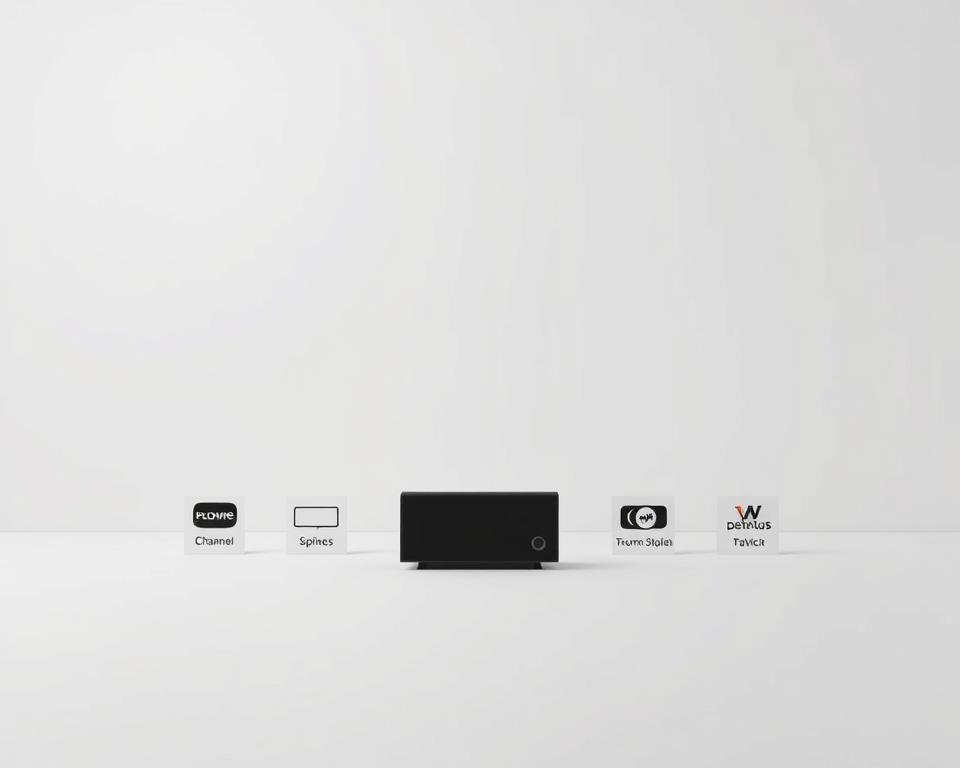 A minimalist, high-contrast image showcasing a variety of flexible IPTV subscription packages. The foreground features neatly arranged icons or logos representing different channel options, streaming quality, and device compatibility. The middle ground has clean, geometric shapes and lines to convey the flexible and modular nature of the subscriptions. The background is a simple, gradient-based color scheme that complements the overall sleek and modern aesthetic. The lighting is soft and even, with a slight directional source to create depth and dimensionality. The camera angle is slightly elevated to provide an organized, bird's-eye view of the presentation.