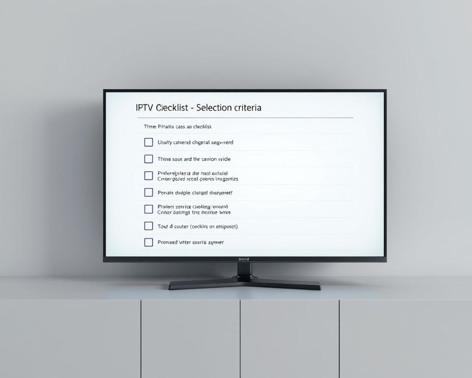 A minimalist, high-quality rendering of a selection criteria checklist for an IPTV service, with a clean and professional appearance. The checklist is displayed on a sleek, modern interface, with clearly defined categories and well-organized options. The overall scene has a subdued color palette, emphasizing the informational nature of the content. Soft, directional lighting illuminates the checklist, creating a sense of clarity and focus. The camera angle is slightly elevated, providing an overview of the interface while maintaining a sense of simplicity and elegance.