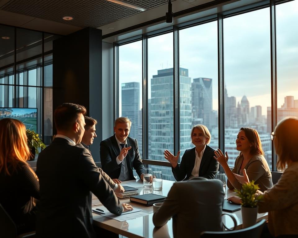 A modern Dutch office interior with a large window overlooking a bustling city skyline. In the foreground, a group of professionals gathered around a table, engaged in a lively discussion about IPTV technology. They appear enthusiastic and animated, gesturing with their hands as they share their experiences and insights. The lighting is warm and natural, casting a cozy glow over the scene. The overall atmosphere conveys a sense of collaboration, innovation, and the professional application of cutting-edge media solutions.