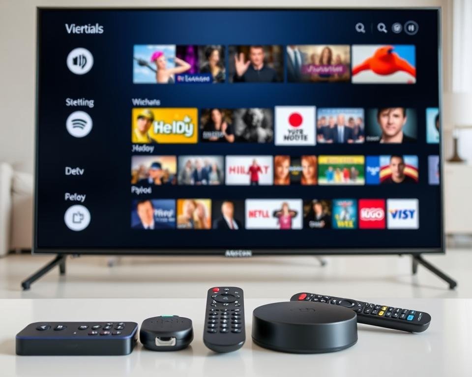 A modern and minimalist IPTV subscription service. In the foreground, a sleek and stylish smart TV displaying a range of IPTV channels and packages. The middle ground features various remote controls and streaming devices, highlighting the flexibility of the IPTV service. The background showcases a clean, contemporary living room setting with neutral tones and modern furnishings, creating a cozy and inviting atmosphere. The overall composition conveys the convenience, versatility, and high-quality experience of the "Onze uitgebreide IPTV abonnementen" offering. A modern and minimalist IPTV subscription service. In the foreground, a sleek and stylish smart TV displaying a range of IPTV channels and packages. The middle ground features various remote controls and streaming devices, highlighting the flexibility of the IPTV service. The background showcases a clean, contemporary living room setting with neutral tones and modern furnishings, creating a cozy and inviting atmosphere. The overall composition conveys the convenience, versatility, and high-quality experience of the "Onze uitgebreide IPTV abonnementen" offering.