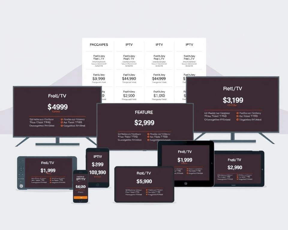 A modern and minimalist illustration showcasing various IPTV subscription options. In the foreground, an array of digital devices such as smart TVs, smartphones, and tablets are displayed, each representing a different IPTV package. The middle ground features a clean, abstract grid layout, highlighting the pricing and feature details of the subscriptions. The background has a soft, muted gradient, creating a sense of depth and emphasizing the digital nature of the IPTV service. The overall composition conveys a sense of simplicity, accessibility, and the wide range of IPTV options available to viewers in the Netherlands.