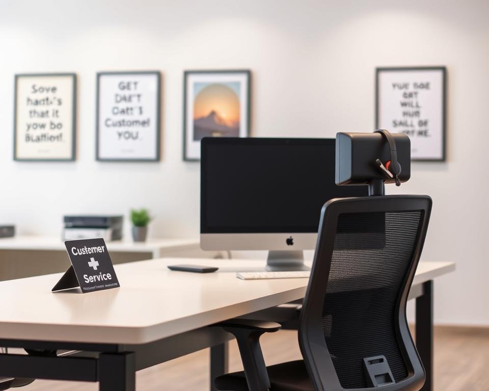 A modern and minimalist office setting, with a large desk and ergonomic chair in the foreground. On the desk, a sleek desktop computer, a headset, and a nameplate that says "Customer Service". The background features a clean, white wall with a few framed motivational posters or artwork. Soft, diffused lighting creates a warm and welcoming atmosphere, conveying a sense of professionalism and attentive customer support.