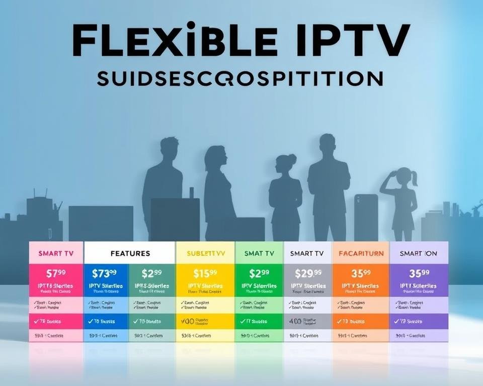 A modern and minimalist visual representation of flexible IPTV subscription options. In the foreground, a grid-like arrangement of colorful, customizable subscription plans, each with distinct pricing, features and durations. The middle ground showcases silhouettes of various devices like smart TVs, tablets, and smartphones, hinting at the cross-platform accessibility. The background features a subtle gradient of blues and grays, evoking a sense of digital connectivity and technological sophistication. The lighting is soft and diffused, creating a clean, inviting atmosphere. The overall composition balances simplicity and informative detail, highlighting the flexibility and versatility of the IPTV subscription model. A modern and minimalist visual representation of flexible IPTV subscription options. In the foreground, a grid-like arrangement of colorful, customizable subscription plans, each with distinct pricing, features and durations. The middle ground showcases silhouettes of various devices like smart TVs, tablets, and smartphones, hinting at the cross-platform accessibility. The background features a subtle gradient of blues and grays, evoking a sense of digital connectivity and technological sophistication. The lighting is soft and diffused, creating a clean, inviting atmosphere. The overall composition balances simplicity and informative detail, highlighting the flexibility and versatility of the IPTV subscription model.