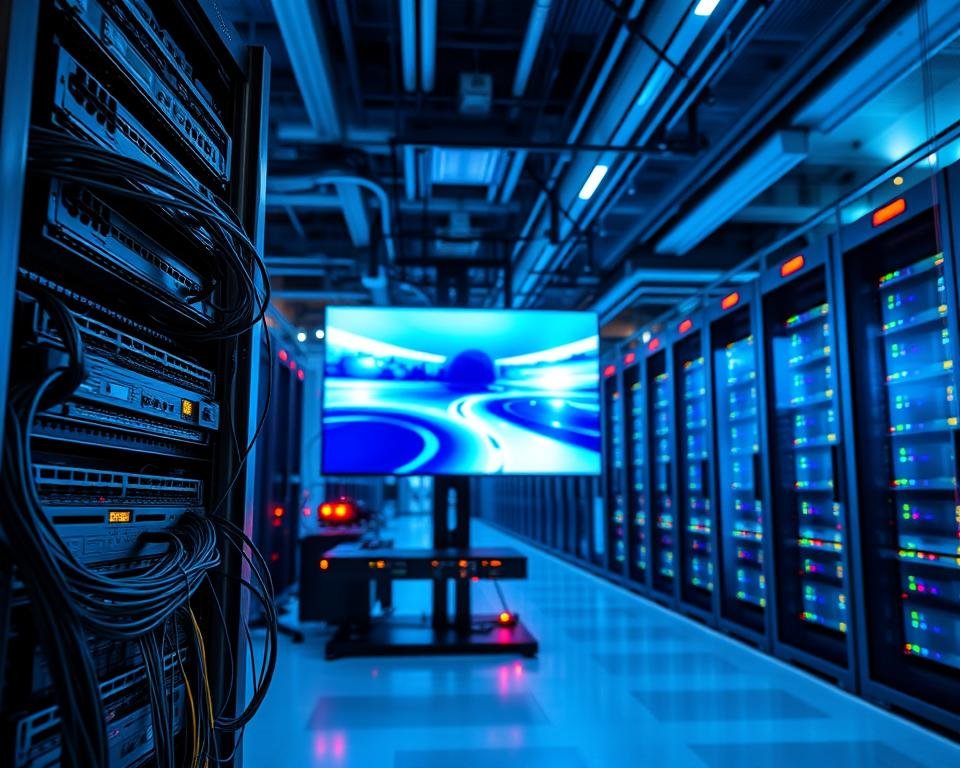 A modern and sleek data center interior, showcasing the technical requirements for a high-performance IPTV system. In the foreground, a rack of advanced networking equipment, cables, and servers, meticulously arranged. The middle ground features a large display screen, demonstrating the crisp, high-definition video quality expected from an IPTV service. In the background, a panoramic view of the data center, with rows of racks, blinking indicator lights, and a cool, blue-tinted lighting scheme to convey a sense of technological sophistication. The overall scene exudes a professional, cutting-edge atmosphere, reflecting the advanced infrastructure necessary to deliver a seamless IPTV experience.