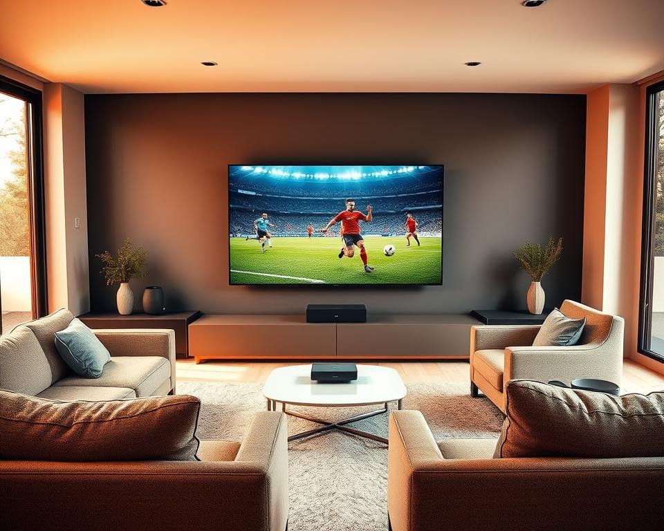 A modern and sleek living room interior with a large, high-definition TV screen showcasing a soccer match in vivid detail. The room is bathed in warm, natural lighting from large windows, creating a cozy and inviting atmosphere. In the foreground, a comfortable sofa and armchair setup facing the TV, suggesting a perfect setup for enjoying live football matches. The middle ground features a minimalist, Scandinavian-inspired coffee table with a smart home device, hinting at the technological advantages of IPTV. The background showcases a clean, neutral-toned wall, emphasizing the focus on the entertainment experience. The overall composition conveys the convenience, immersion, and quality of IPTV Nederland's live football streaming services.
