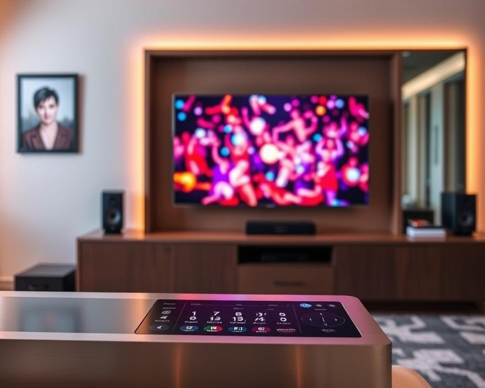 A modern and stylish entertainment center, featuring a large screen displaying vibrant live content. The foreground showcases a sleek and minimalist design, with clean lines and high-quality materials like brushed aluminum and tempered glass. The middle ground features an array of touch-enabled controls and intuitive user interface, allowing for easy navigation and customization of the live content. The background depicts a warm, ambient lighting setup, creating a cozy and inviting atmosphere perfect for hotel guests to enjoy their entertainment experience.