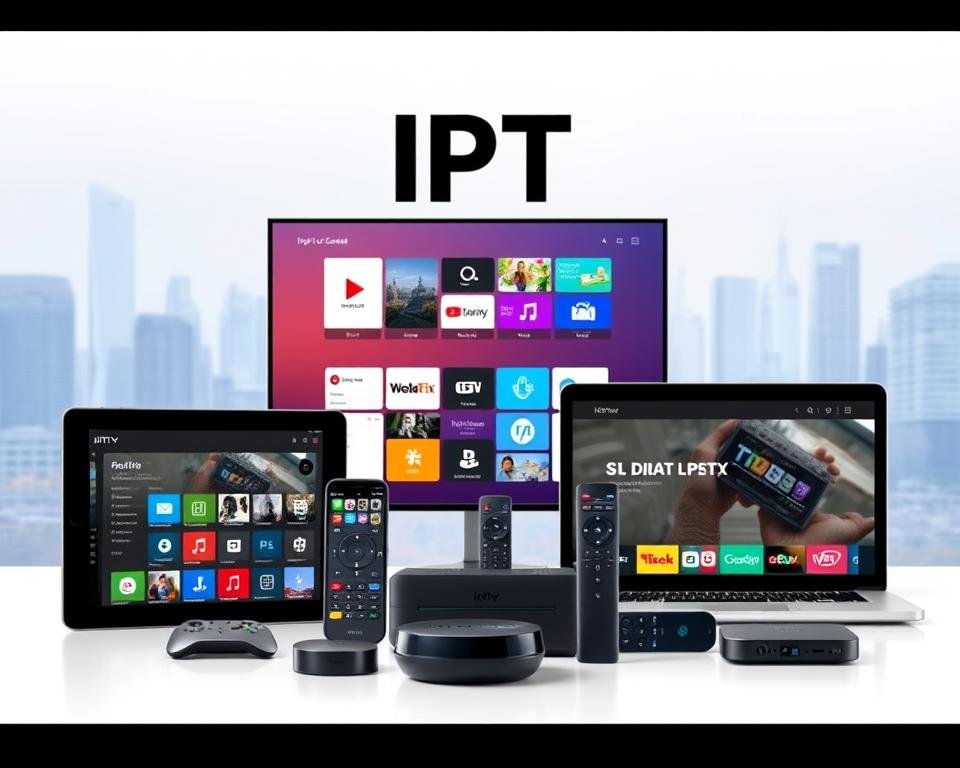 A modern and vibrant image showcasing a variety of IPTV apps and platforms on various digital devices. The foreground features sleek, minimalist app interfaces displayed on a tablet, smartphone, and laptop, each highlighting different IPTV service offerings. The middle ground showcases a range of remote controls, streaming devices, and other hardware used to access IPTV content. The background depicts a soft, gradient-based urban landscape, evoking a sense of connectivity and the digital age. The lighting is clean and directional, casting subtle shadows and highlights to accentuate the technological elements. The overall scene conveys a sense of user-friendly, intuitive IPTV experiences across multiple platforms and devices. A modern and vibrant image showcasing a variety of IPTV apps and platforms on various digital devices. The foreground features sleek, minimalist app interfaces displayed on a tablet, smartphone, and laptop, each highlighting different IPTV service offerings. The middle ground showcases a range of remote controls, streaming devices, and other hardware used to access IPTV content. The background depicts a soft, gradient-based urban landscape, evoking a sense of connectivity and the digital age. The lighting is clean and directional, casting subtle shadows and highlights to accentuate the technological elements. The overall scene conveys a sense of user-friendly, intuitive IPTV experiences across multiple platforms and devices.