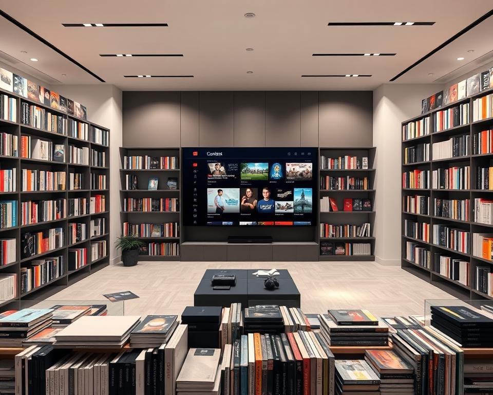 A modern and well-organized media library filled with a diverse array of digital content. The foreground showcases neatly arranged shelves stocked with various media formats - books, films, music, and more. The middle ground features a large interactive display presenting a curated content catalog, with smooth transitions between categories. The background highlights a sleek, minimalist design with clean lines, subtle lighting, and a muted color palette that creates a calming, focused atmosphere. The overall scene conveys a sense of accessibility, curation, and technological sophistication, perfectly suited for a comprehensive IPTV service.