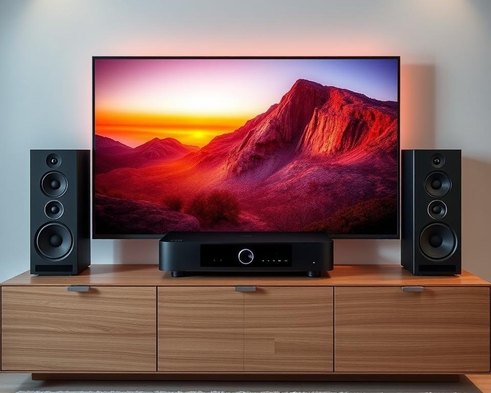 A modern, high-quality IPTV setup with crystal-clear 4K video and rich, immersive surround sound. The sleek, black media center sits atop a minimalist, wooden entertainment unit, its clean lines and subtle glow evoking a sense of sophisticated technology. Subtle backlighting bathes the scene in a warm, cinematic ambiance, while the screen displays a vivid, color-accurate image with deep blacks and vibrant, lifelike colors. High-end speakers flank the display, their polished metal and premium finishes hinting at the exceptional audio fidelity. The overall impression is one of seamless integration, where cutting-edge audiovisual technology blends effortlessly with elegant, contemporary design.