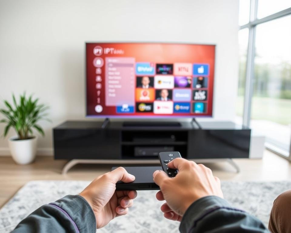 A modern home living room setup, with a smart TV displaying an IPTV interface. In the foreground, a person's hands are shown interacting with a remote control, navigating the IPTV menu. The middle ground features a sleek, minimalist entertainment center, housing the IPTV set-top box. The background showcases large windows, allowing natural light to flood the space, creating a bright and airy atmosphere. The scene conveys a sense of technological integration and user-friendly installation, suitable for the "Installatie, Activatie en Klantenondersteuning" section of the article. A modern home living room setup, with a smart TV displaying an IPTV interface. In the foreground, a person's hands are shown interacting with a remote control, navigating the IPTV menu. The middle ground features a sleek, minimalist entertainment center, housing the IPTV set-top box. The background showcases large windows, allowing natural light to flood the space, creating a bright and airy atmosphere. The scene conveys a sense of technological integration and user-friendly installation, suitable for the "Installatie, Activatie en Klantenondersteuning" section of the article.