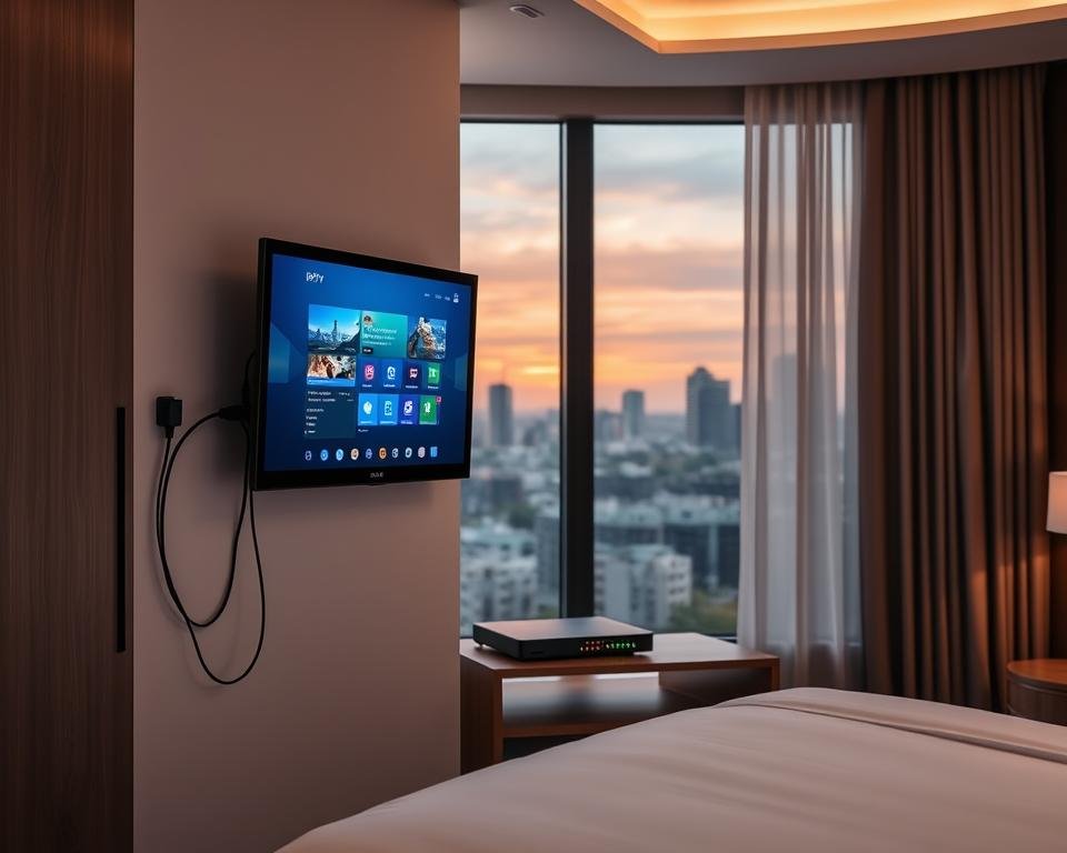 A modern hotel room with a sleek, minimalist design. In the foreground, a flat-screen TV mounted on the wall, its display showing a dynamic IPTV user interface. Cables and wires are neatly hidden, creating a clean, uncluttered look. In the middle ground, a high-end router or network switch sits on a shelving unit, its status lights blinking to indicate a stable internet connection. The background features a large window overlooking a cityscape, with the warm glow of the sunset casting a soft, ambient light throughout the space. The overall atmosphere is one of technological sophistication and attention to detail, showcasing the seamless integration of IPTV technology into the hotel's infrastructure.