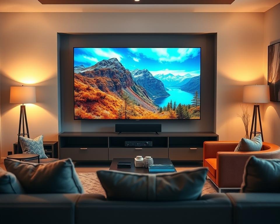 A modern living room interior with a large, high-definition television set as the central focal point. The television is displaying vibrant, lifelike images that captivate the viewer, showcasing the remarkable visual quality and immersive experience of modern television technology. Soft, warm lighting illuminates the room, creating a cozy and inviting atmosphere. In the foreground, a comfortable, stylish sofa and armchair invite viewers to relax and enjoy the entertainment. The middle ground features a sleek, minimalist entertainment center housing the television and complementary audio equipment. The background blends seamlessly with the modern decor, perhaps featuring a large window overlooking a picturesque outdoor scene or a tasteful piece of artwork that enhances the overall aesthetic. A modern living room interior with a large, high-definition television set as the central focal point. The television is displaying vibrant, lifelike images that captivate the viewer, showcasing the remarkable visual quality and immersive experience of modern television technology. Soft, warm lighting illuminates the room, creating a cozy and inviting atmosphere. In the foreground, a comfortable, stylish sofa and armchair invite viewers to relax and enjoy the entertainment. The middle ground features a sleek, minimalist entertainment center housing the television and complementary audio equipment. The background blends seamlessly with the modern decor, perhaps featuring a large window overlooking a picturesque outdoor scene or a tasteful piece of artwork that enhances the overall aesthetic.
