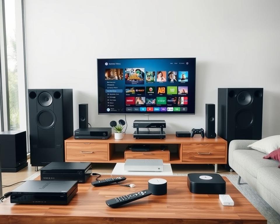 A modern living room setup with various media devices and accessories arranged neatly on a wooden entertainment center. In the foreground, a sleek flat-screen TV takes center stage, its screen displaying a connected IPTV interface. Surrounding the TV are an array of devices like a cable box, streaming device, game console, and home theater sound system, all connected via high-quality HDMI and Ethernet cables. The middle ground features a minimalist coffee table with remote controls and a smart home hub, while the background showcases large windows allowing natural light to flood the space. The overall atmosphere is one of technological integration, comfort, and seamless compatibility.