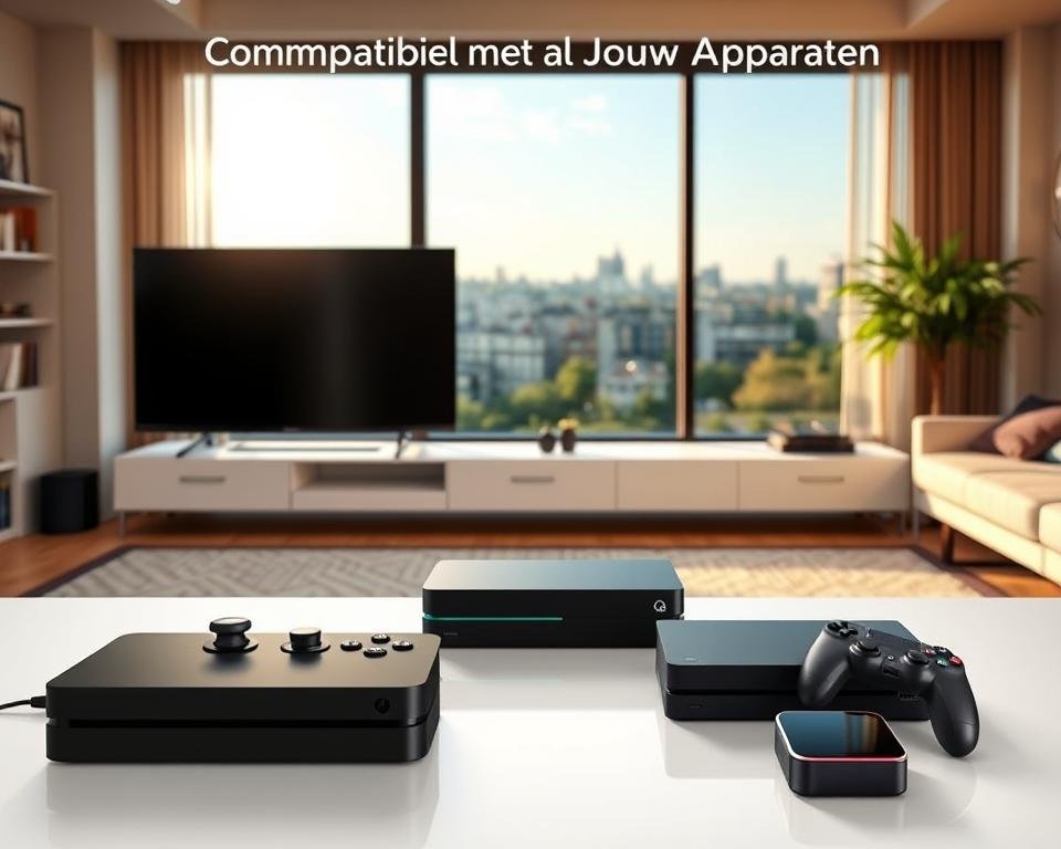 A modern living room with a cozy, inviting atmosphere. In the foreground, various streaming devices such as a smart TV, gaming console, and mobile devices are arranged neatly, showcasing their seamless compatibility. The middle ground features a sleek, minimalist entertainment center with clean lines and a minimalist design. The background depicts a large window overlooking a tranquil urban landscape, allowing natural light to flood the room and create a warm, inviting ambiance. The overall scene conveys a sense of technological integration and user-friendly connectivity, perfectly aligning with the "Compatibel met Al Jouw Apparaten" section of the article. A modern living room with a cozy, inviting atmosphere. In the foreground, various streaming devices such as a smart TV, gaming console, and mobile devices are arranged neatly, showcasing their seamless compatibility. The middle ground features a sleek, minimalist entertainment center with clean lines and a minimalist design. The background depicts a large window overlooking a tranquil urban landscape, allowing natural light to flood the room and create a warm, inviting ambiance. The overall scene conveys a sense of technological integration and user-friendly connectivity, perfectly aligning with the "Compatibel met Al Jouw Apparaten" section of the article.