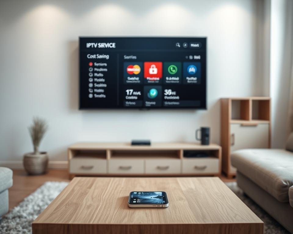 A modern living room with a flat-screen television mounted on the wall. The screen displays a menu interface showcasing various IPTV service options, highlighting cost-saving benefits. A minimalist coffee table in the foreground holds a smartphone, subtly alluding to the convenience of mobile streaming. Soft, indirect lighting creates a cozy ambiance, while the background features clean, contemporary furnishings in neutral tones, emphasizing the simplicity and practicality of the IPTV setup. The overall scene conveys the idea of an affordable, user-friendly television experience that provides value and flexibility for the viewer.