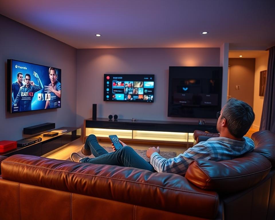 A modern living room with a large flat-screen TV mounted on the wall, surrounded by sleek home entertainment components. In the foreground, a person is lounging comfortably on a plush leather sofa, remote in hand, engrossed in an immersive IPTV experience provided by Pandora. The room is bathed in warm, ambient lighting, creating a cozy and inviting atmosphere. The TV displays vibrant, high-definition content, reflecting the expansive selection and premium quality of the Pandora IPTV service. The scene conveys a sense of relaxation, entertainment, and the seamless integration of technology into a modern living space. A modern living room with a large flat-screen TV mounted on the wall, surrounded by sleek home entertainment components. In the foreground, a person is lounging comfortably on a plush leather sofa, remote in hand, engrossed in an immersive IPTV experience provided by Pandora. The room is bathed in warm, ambient lighting, creating a cozy and inviting atmosphere. The TV displays vibrant, high-definition content, reflecting the expansive selection and premium quality of the Pandora IPTV service. The scene conveys a sense of relaxation, entertainment, and the seamless integration of technology into a modern living space.