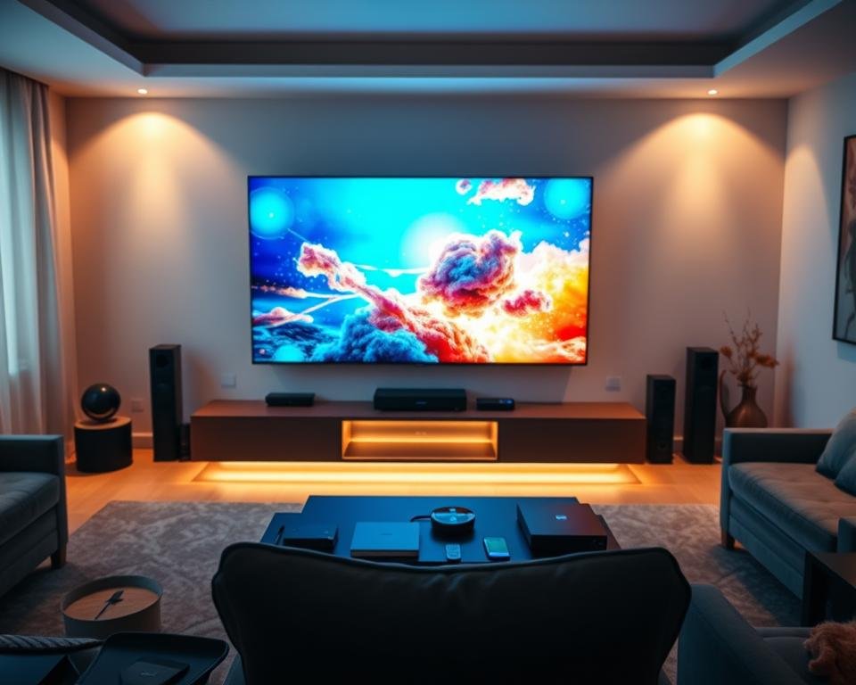 A modern living room with a large, high-definition television set as the focal point. The screen displays a vibrant, crystal-clear image with vivid colors and sharp details. In the foreground, a sleek, minimalist entertainment center houses the television and various streaming devices. Indirect lighting from hidden sources casts a warm, inviting glow throughout the space. The middle ground features comfortable seating arrangements, allowing viewers to enjoy the immersive television experience. The background depicts a clean, uncluttered environment, emphasizing the seamless integration of technology into the modern home. The overall atmosphere conveys a sense of convenience, connectivity, and enhanced entertainment compared to traditional television viewing.