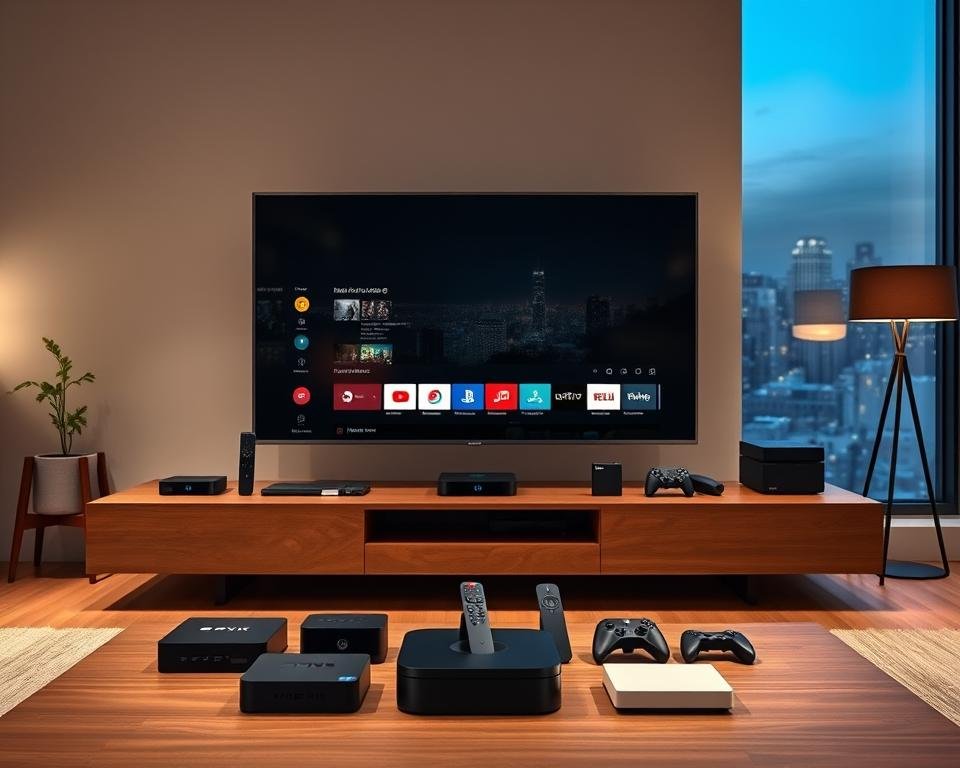 A modern living room with a sleek TV stand showcasing an array of compatible streaming devices. In the foreground, a high-end 4K smart TV takes center stage, surrounded by a selection of streaming boxes, sticks, and gaming consoles in various sizes and designs. Subtle ambient lighting creates a warm, inviting atmosphere, while a minimalist, Scandinavian-inspired decor scheme complements the technological focus. The middle ground features neatly organized cable management, highlighting the ease of setup and integration. In the background, a large window overlooks a cityscape, emphasizing the ubiquity of IPTV and streaming in contemporary urban living. A modern living room with a sleek TV stand showcasing an array of compatible streaming devices. In the foreground, a high-end 4K smart TV takes center stage, surrounded by a selection of streaming boxes, sticks, and gaming consoles in various sizes and designs. Subtle ambient lighting creates a warm, inviting atmosphere, while a minimalist, Scandinavian-inspired decor scheme complements the technological focus. The middle ground features neatly organized cable management, highlighting the ease of setup and integration. In the background, a large window overlooks a cityscape, emphasizing the ubiquity of IPTV and streaming in contemporary urban living.