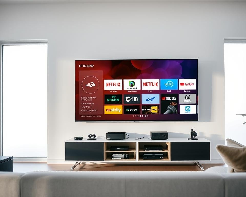 A modern living room with a sleek, minimalist aesthetic. In the foreground, a state-of-the-art smart TV prominently displays various streaming service icons, illustrating its seamless compatibility with popular platforms. The middle ground features a stylish entertainment center housing an array of streaming devices, cables, and other media equipment, all neatly organized and integrated. The background showcases large windows allowing natural light to flood the space, creating a bright and airy ambiance. The overall scene conveys a sense of technological sophistication and effortless connectivity, reflecting the ease of use and versatility of the streaming services and devices.