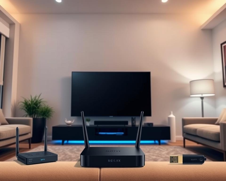A modern living room with a sleek, minimalist design. In the center, a large flat-screen TV takes center stage, surrounded by a range of compatible IPTV devices, including a streaming box, a wireless router, and a compact HDMI dongle. The lighting is soft and warm, creating a cozy atmosphere. The room is accented with neutral-toned furniture and decor, allowing the technology to be the focal point. The overall scene conveys the ease and convenience of accessing a wide range of IPTV content through a variety of compatible devices.