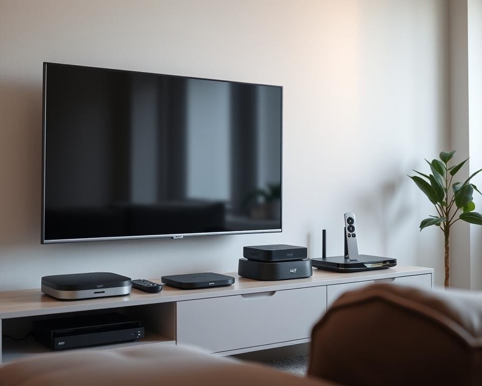 A modern living room with a smart TV, streaming devices, and other IPTV-compatible electronics neatly arranged on a minimalist entertainment center. The devices have a sleek, high-tech aesthetic, with clean lines and muted colors that blend seamlessly into the room's neutral palette. Soft, indirect lighting creates a warm, inviting atmosphere, highlighting the functional and stylish nature of the setup. The composition emphasizes the ease and convenience of accessing a wide range of IPTV content on various compatible devices, reflecting the article's focus on the versatility of IPTV in the Netherlands. A modern living room with a smart TV, streaming devices, and other IPTV-compatible electronics neatly arranged on a minimalist entertainment center. The devices have a sleek, high-tech aesthetic, with clean lines and muted colors that blend seamlessly into the room's neutral palette. Soft, indirect lighting creates a warm, inviting atmosphere, highlighting the functional and stylish nature of the setup. The composition emphasizes the ease and convenience of accessing a wide range of IPTV content on various compatible devices, reflecting the article's focus on the versatility of IPTV in the Netherlands.