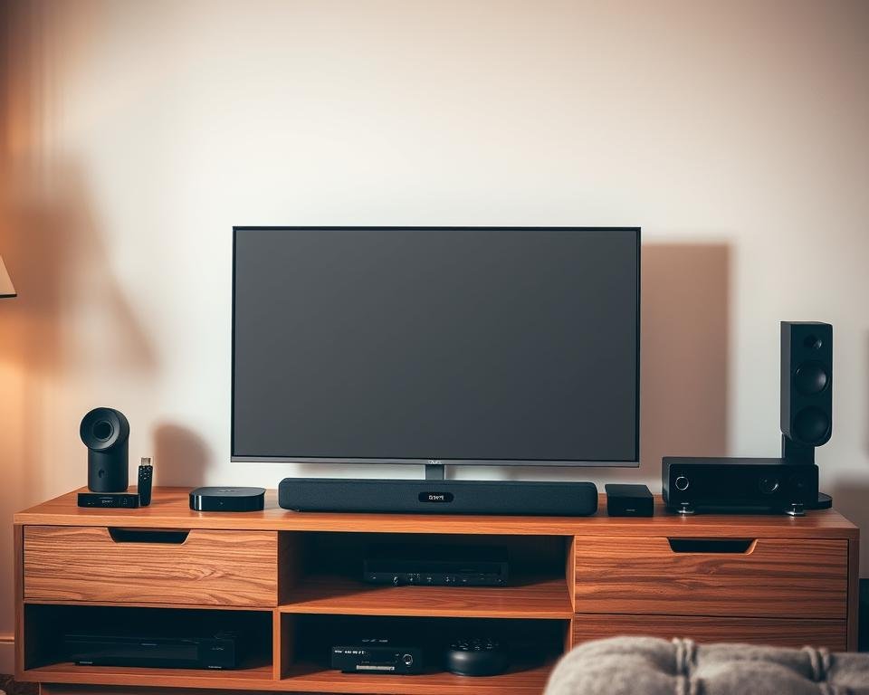 A modern living room with various electronic devices neatly arranged on a wooden entertainment center. In the center, a sleek HDTV displays a static image, surrounded by a soundbar, streaming box, and other media players. The room is bathed in warm, diffused lighting, creating a cozy and inviting atmosphere. The devices are positioned in a visually appealing manner, highlighting their compatibility with the television service. The scene conveys a sense of technology integration and home entertainment.