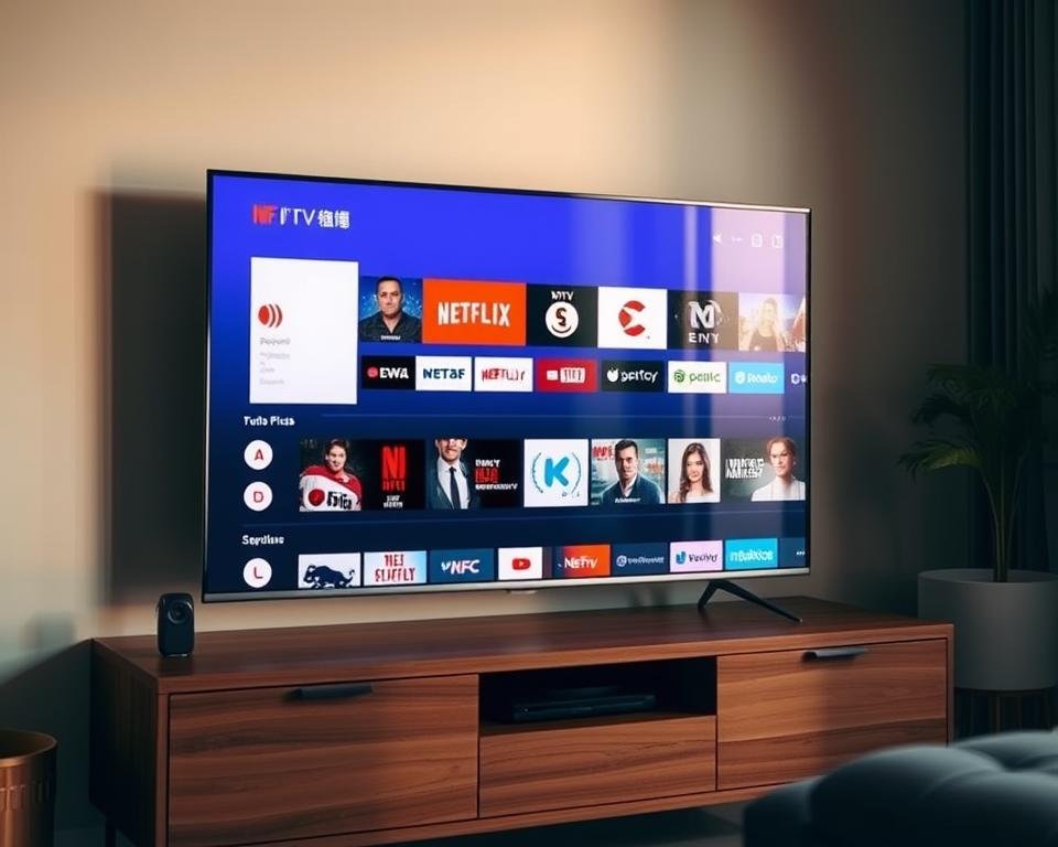 A modern, minimalist TV screen with a clean, sleek design, resting on a contemporary wooden media console. The screen displays a vivid, high-quality image of various streaming services and television channels, showcasing the versatility of the IPTV system. The room is bathed in warm, soft lighting, creating a cozy and inviting atmosphere. The scene conveys a sense of effortless entertainment, where the user can access a wide range of content without the need for a VPN, emphasizing the flexible and hassle-free nature of the IPTV service. A modern, minimalist TV screen with a clean, sleek design, resting on a contemporary wooden media console. The screen displays a vivid, high-quality image of various streaming services and television channels, showcasing the versatility of the IPTV system. The room is bathed in warm, soft lighting, creating a cozy and inviting atmosphere. The scene conveys a sense of effortless entertainment, where the user can access a wide range of content without the need for a VPN, emphasizing the flexible and hassle-free nature of the IPTV service.