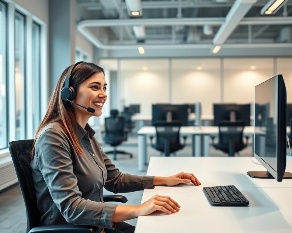 A modern, minimalist call center office interior with a warm, inviting atmosphere. In the foreground, a customer service representative sits at a desk, wearing a headset and smiling as they assist a client on the phone. The middle ground features additional workstations, each with a desktop computer and ergonomic chair. The background showcases a clean, well-lit space with large windows, providing natural illumination and a sense of openness. The color palette is a harmonious blend of neutral tones, accented by pops of blue and green, creating a calming and professional environment. The overall scene conveys a sense of efficient and attentive customer support.