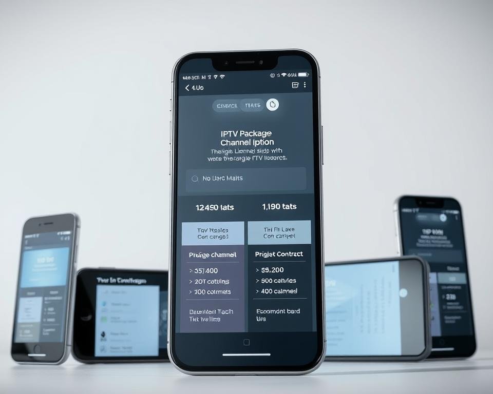 A modern, minimalist composition showcasing a range of flexible IPTV subscription options. In the foreground, several sleek, rectangular smartphone screens display a variety of IPTV package details, including channel lineups, pricing tiers, and contract lengths. The middle ground features a clean, uncluttered backdrop, perhaps a gradient or solid color, allowing the subscription information to take center stage. Subtle, professional lighting creates a sense of clarity and focus, while a low-angle perspective gives the scene an air of sophistication. Overall, the image conveys a sense of reliability, accessibility, and the diverse IPTV service offerings available to Dutch consumers.