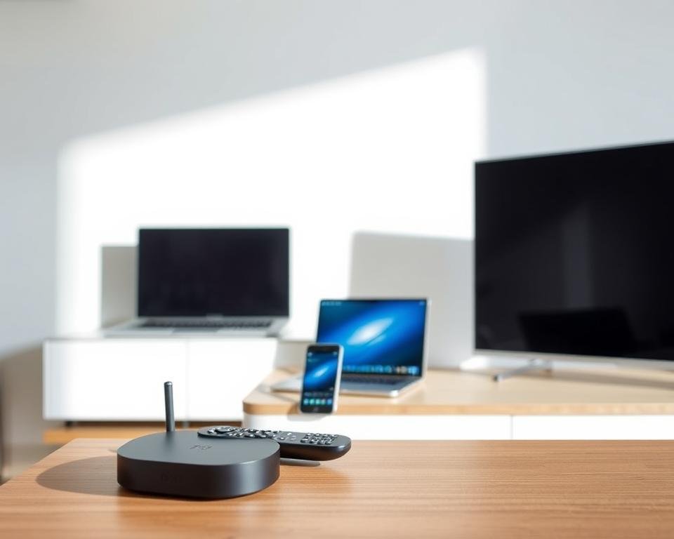 A modern, minimalist home entertainment setup featuring various compatible devices for IPTV streaming. In the foreground, a sleek smart TV, remote control, and media streaming box are neatly arranged on a wooden cabinet. In the middle ground, a laptop and smartphone are showcased, highlighting the versatility of IPTV access across devices. The background features clean, bright walls with subtle shadows, creating a well-lit, inviting atmosphere. The overall composition emphasizes the ease of use and compatibility of the IPTV system, catering to a tech-savvy, modern audience.