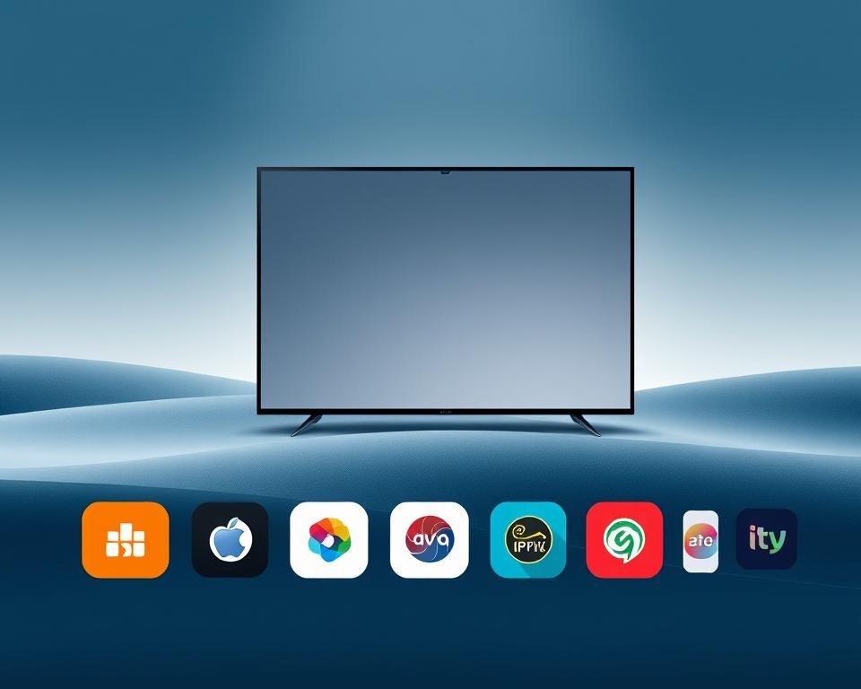 A modern, minimalist illustration depicting a collection of popular IPTV apps for the Dutch market. The foreground features a grid of app icons with clean, vibrant designs, each representing a well-known IPTV service. The middle ground showcases a sleek, uncluttered user interface, hinting at the seamless experience these apps provide. The background is a subtly textured, gradient-based landscape, evoking a sense of digital sophistication. The lighting is soft, diffused, and evenly distributed, creating a professional, editorial-style atmosphere. The overall composition is balanced, visually appealing, and conveys the reliability and accessibility of the recommended IPTV solutions.