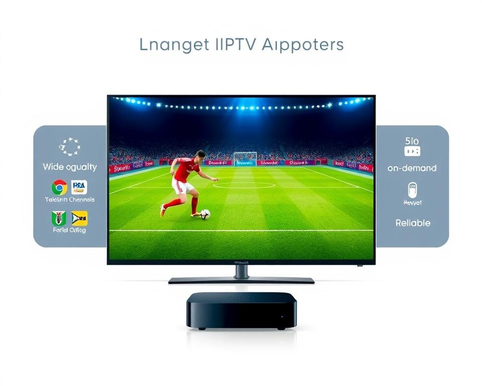 A modern, minimalist illustration depicting the advantages of IPTV Nederland. In the foreground, a smart TV or streaming device displays a clear, high-quality football match, with vivid colors and sharp details. In the middle ground, various IPTV features are subtly represented, such as a wide selection of channels, on-demand content, and reliable performance. The background showcases a clean, elegant design with soft gradients and subtle geometric patterns, conveying a sense of sophistication and technological innovation. The overall mood is one of clarity, convenience, and the seamless integration of IPTV into the modern home entertainment experience. A modern, minimalist illustration depicting the advantages of IPTV Nederland. In the foreground, a smart TV or streaming device displays a clear, high-quality football match, with vivid colors and sharp details. In the middle ground, various IPTV features are subtly represented, such as a wide selection of channels, on-demand content, and reliable performance. The background showcases a clean, elegant design with soft gradients and subtle geometric patterns, conveying a sense of sophistication and technological innovation. The overall mood is one of clarity, convenience, and the seamless integration of IPTV into the modern home entertainment experience.
