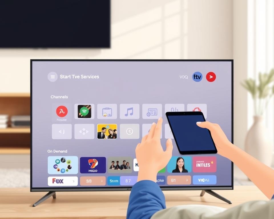 A modern, minimalist illustration of a flexible TV subscription service. In the foreground, a sleek, minimalist smart TV display with a simple, intuitive user interface, showcasing a selection of streaming channels and on-demand content. In the middle ground, a person's hand interacting with a tablet or mobile device, symbolizing the convenience of accessing the TV service from multiple devices. The background features a clean, serene interior design with neutral colors and natural lighting, creating a sense of comfort and flexibility. The overall composition conveys the ease and adaptability of a contract-free IPTV solution. A modern, minimalist illustration of a flexible TV subscription service. In the foreground, a sleek, minimalist smart TV display with a simple, intuitive user interface, showcasing a selection of streaming channels and on-demand content. In the middle ground, a person's hand interacting with a tablet or mobile device, symbolizing the convenience of accessing the TV service from multiple devices. The background features a clean, serene interior design with neutral colors and natural lighting, creating a sense of comfort and flexibility. The overall composition conveys the ease and adaptability of a contract-free IPTV solution.