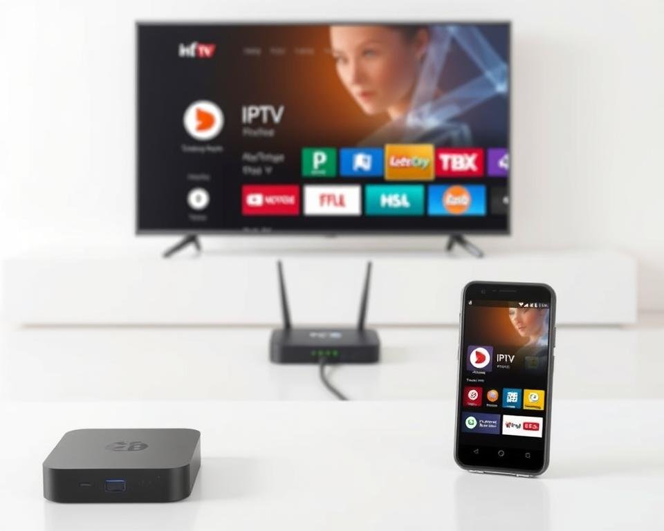 A modern, minimalist illustration of compatible IPTV devices. In the foreground, a sleek smart TV, streaming box, and smartphone display the IPTV service interface. The middle ground features a network router and ethernet cable, symbolizing the connectivity required. The background is a clean, light-colored environment, conveying a sense of simplicity and accessibility. The lighting is natural and soft, highlighting the devices' user-friendly designs. The camera angle is slightly elevated, giving an overview of the compatible ecosystem. The overall mood is one of technological harmony and seamless integration, inviting the viewer to envision their own IPTV experience. A modern, minimalist illustration of compatible IPTV devices. In the foreground, a sleek smart TV, streaming box, and smartphone display the IPTV service interface. The middle ground features a network router and ethernet cable, symbolizing the connectivity required. The background is a clean, light-colored environment, conveying a sense of simplicity and accessibility. The lighting is natural and soft, highlighting the devices' user-friendly designs. The camera angle is slightly elevated, giving an overview of the compatible ecosystem. The overall mood is one of technological harmony and seamless integration, inviting the viewer to envision their own IPTV experience.