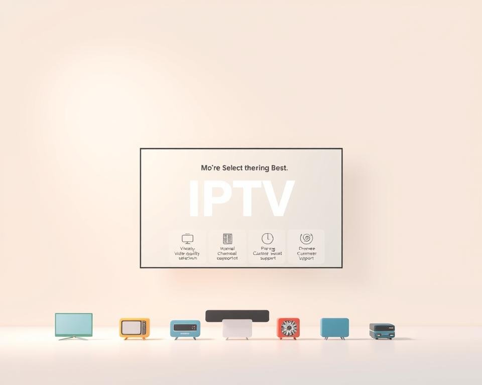 A modern, minimalist illustration of the key criteria for selecting the best IPTV service. In the foreground, neatly arranged icons representing features like video quality, channel selection, pricing, and customer support. In the middle ground, a clean UI design with simple typography showcasing the most important factors. The background features a subtle, abstract gradient in muted, professional colors to set the tone. Soft, even lighting illuminates the scene, creating a sense of clarity and focus. The overall composition conveys a sense of expertise, reliability, and informed decision-making.