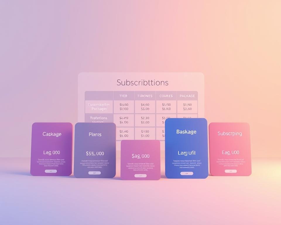 A modern, minimalist illustration showcasing flexible subscription options. In the foreground, various subscription tiers are displayed as sleek, geometric shapes with clean typography. The middle ground features a dynamic grid layout, highlighting the customizable nature of the packages. The background has a subtle gradient, creating a sense of depth and digital elegance. Soft, directional lighting casts subtle shadows, emphasizing the three-dimensional forms. The overall composition conveys a sense of flexibility, choice, and a premium user experience. A modern, minimalist illustration showcasing flexible subscription options. In the foreground, various subscription tiers are displayed as sleek, geometric shapes with clean typography. The middle ground features a dynamic grid layout, highlighting the customizable nature of the packages. The background has a subtle gradient, creating a sense of depth and digital elegance. Soft, directional lighting casts subtle shadows, emphasizing the three-dimensional forms. The overall composition conveys a sense of flexibility, choice, and a premium user experience.