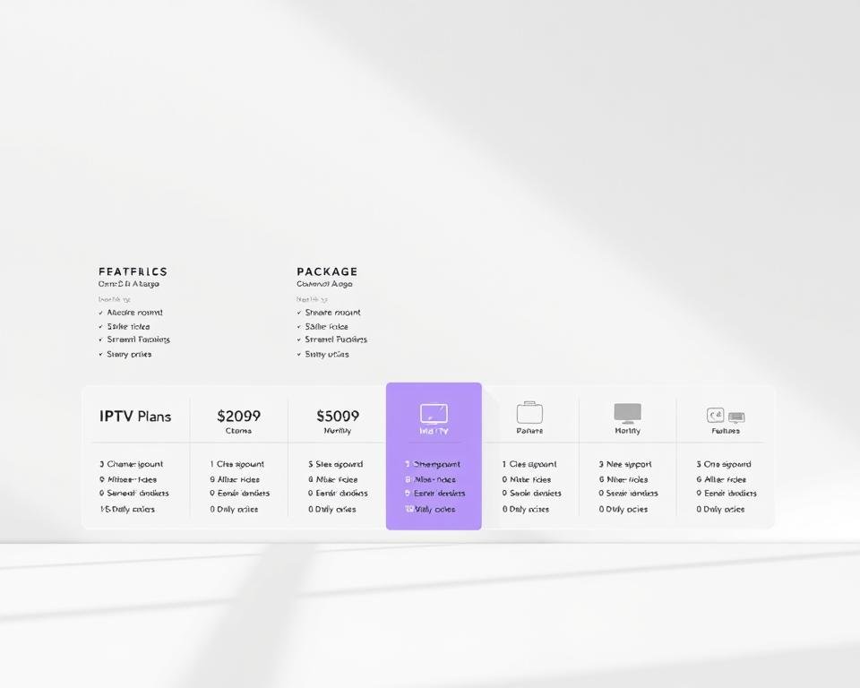 A modern, minimalist illustration showcasing various IPTV subscription plans and their corresponding pricing structures. The foreground features a clean grid layout displaying different package tiers, each with concise descriptions of channel counts, streaming quality, and monthly costs. The middle ground depicts simple icons representing key features like live TV, on-demand content, and multi-device support. The background has a soft, gradient-based color scheme, creating a sense of depth and sophistication. Bright, natural lighting casts subtle shadows, giving the overall composition a sleek, professional appearance. The visual style is designed to clearly communicate the diverse IPTV offerings and pricing options to the viewer.