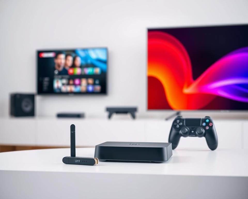 A modern, minimalist interior setting with a variety of IPTV compatible devices prominently displayed. In the foreground, a sleek, high-end streaming box and a compact HDMI dongle sit atop a clean, white surface, their designs showcasing the latest in IPTV technology. In the middle ground, a smart TV and a gaming console stand side by side, their screens displaying vibrant, high-definition content. The background features a simple, neutral-toned wall, creating a sense of focus on the featured devices. Soft, diffused lighting illuminates the scene, highlighting the premium aesthetics and capabilities of the IPTV-enabled hardware. The overall composition conveys the versatility and accessibility of IPTV technology for a wide range of modern media consumption devices. A modern, minimalist interior setting with a variety of IPTV compatible devices prominently displayed. In the foreground, a sleek, high-end streaming box and a compact HDMI dongle sit atop a clean, white surface, their designs showcasing the latest in IPTV technology. In the middle ground, a smart TV and a gaming console stand side by side, their screens displaying vibrant, high-definition content. The background features a simple, neutral-toned wall, creating a sense of focus on the featured devices. Soft, diffused lighting illuminates the scene, highlighting the premium aesthetics and capabilities of the IPTV-enabled hardware. The overall composition conveys the versatility and accessibility of IPTV technology for a wide range of modern media consumption devices.