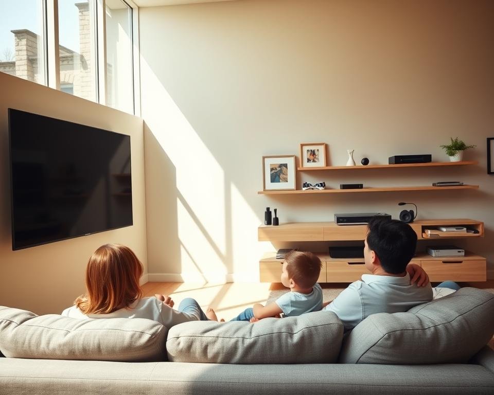 A modern, minimalist living room with a large, flat-screen TV mounted on the wall. In the foreground, a family of four - two parents and two children - are seated on a plush, gray sectional sofa, their eyes focused on the screen. The lighting is warm and inviting, with a mix of natural sunlight streaming in through large windows and soft, indirect lighting fixtures. The middle ground features a sleek, floating entertainment unit in a light wood finish, housing various media devices and accessories. On the shelves, there are remote controls, a streaming device, and other home entertainment components. The background showcases a simple, neutral-toned wall decor, with a few framed art pieces or photographs adding a personal touch to the space. The overall atmosphere is one of comfort, togetherness, and the convenience of a modern, multi-screen home entertainment setup. A modern, minimalist living room with a large, flat-screen TV mounted on the wall. In the foreground, a family of four - two parents and two children - are seated on a plush, gray sectional sofa, their eyes focused on the screen. The lighting is warm and inviting, with a mix of natural sunlight streaming in through large windows and soft, indirect lighting fixtures. The middle ground features a sleek, floating entertainment unit in a light wood finish, housing various media devices and accessories. On the shelves, there are remote controls, a streaming device, and other home entertainment components. The background showcases a simple, neutral-toned wall decor, with a few framed art pieces or photographs adding a personal touch to the space. The overall atmosphere is one of comfort, togetherness, and the convenience of a modern, multi-screen home entertainment setup.