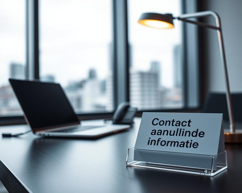 A modern, minimalist office desk with a sleek, black laptop, a cordless phone, and a minimalist desk lamp casting a warm, ambient glow. On the desk, a business card holder displays the text "Contact aanvullende informatie" in a clean, sans-serif font. The background features a blurred, out-of-focus cityscape through a large window, conveying a professional, corporate atmosphere. The lighting is soft and diffused, creating a calming, approachable mood suitable for an informational section of an article.