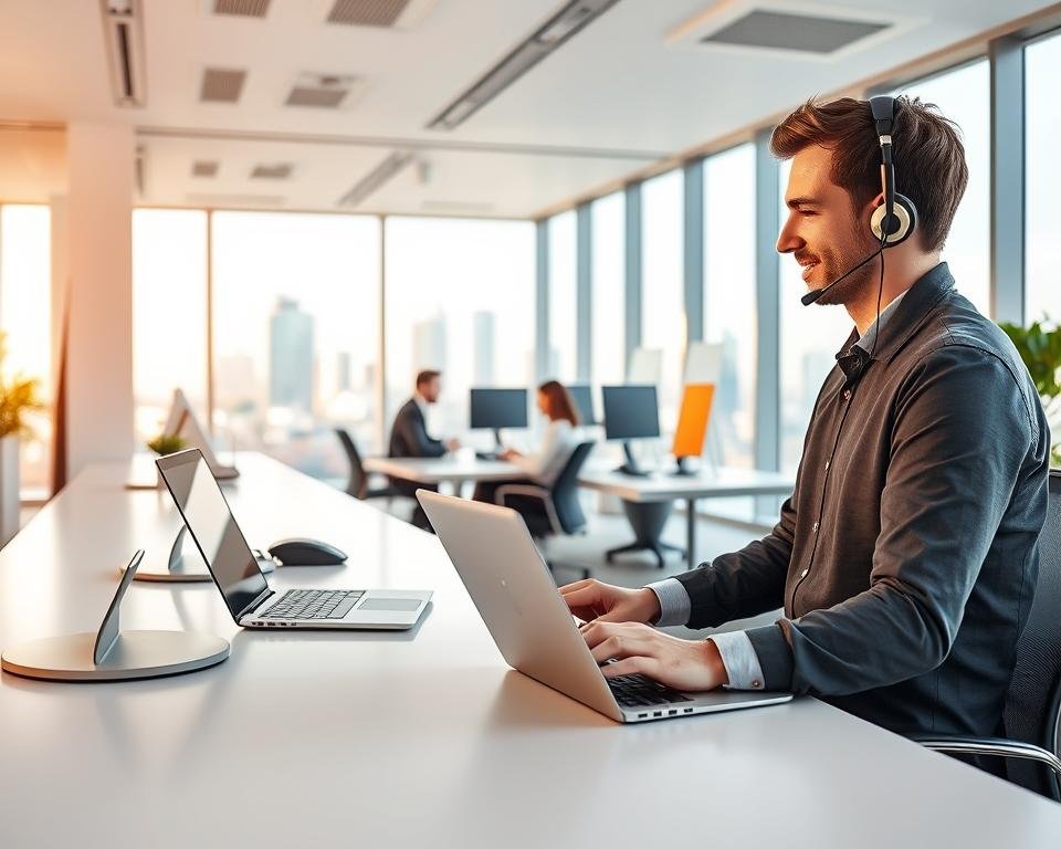 A modern, minimalist office interior with a bright, airy atmosphere. In the foreground, a customer service representative in a collared shirt and headset sits at a sleek, white desk, providing assistance to an IPTV customer on a laptop. The middle ground features a team of support agents collaborating at their workstations, while the background showcases floor-to-ceiling windows overlooking a cityscape. Warm, natural lighting creates a welcoming and professional ambiance, emphasizing the IPTV provider's commitment to customer care.