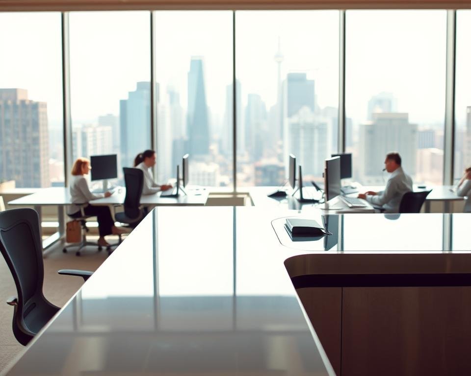 A modern, minimalist office interior with a sleek, high-tech customer service desk in the foreground. The desk is made of polished stainless steel and glass, creating a clean, sophisticated look. Behind the desk, a team of customer service agents is visible, sitting at their workstations and assisting customers over the phone or via video chat. The background features large windows overlooking a bustling city skyline, bathing the scene in warm, natural light. The overall atmosphere conveys a sense of efficiency, professionalism, and a commitment to providing excellent customer support for a streaming service.
