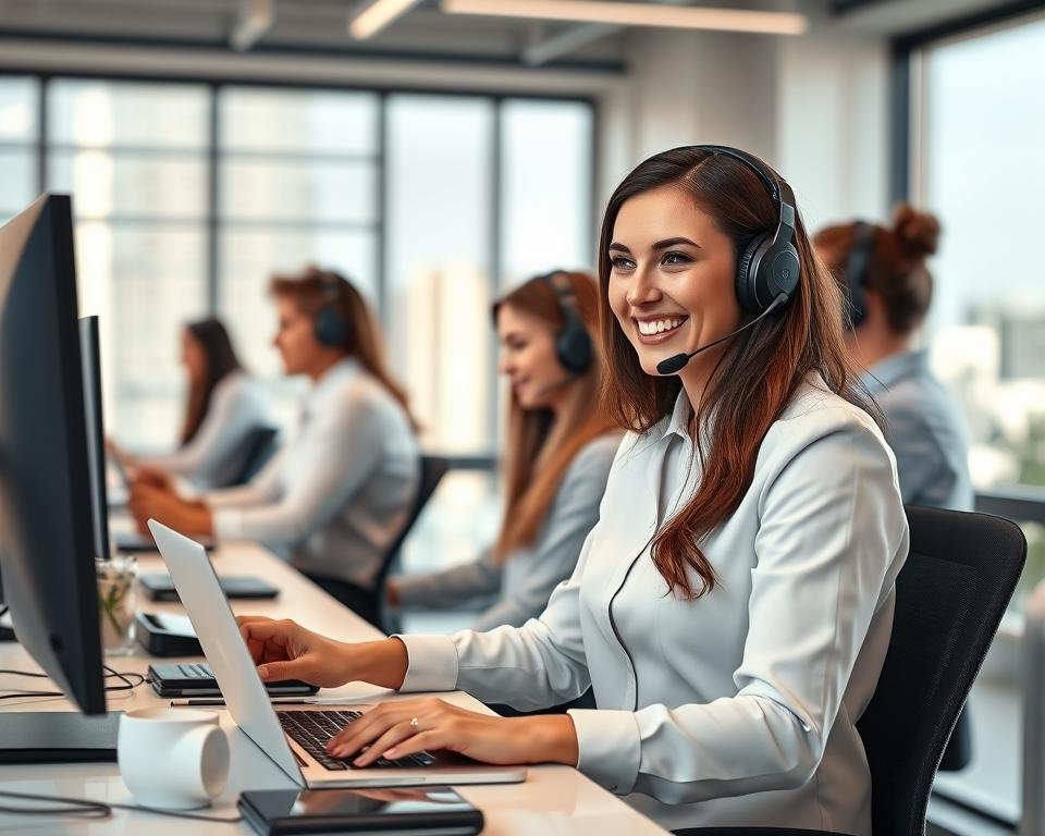 A modern, minimalist office setting with a team of customer service representatives assisting clients via phone, email, and live chat. The foreground features a friendly customer service agent smiling while explaining something on a laptop screen to a satisfied customer. The middle ground shows other agents diligently working at their desks, surrounded by stylish office furniture and decor. The background depicts a clean, well-lit space with large windows overlooking a cityscape, conveying a professional, efficient, and customer-centric atmosphere. The lighting is warm and inviting, capturing the positive user experience and reliable customer service.